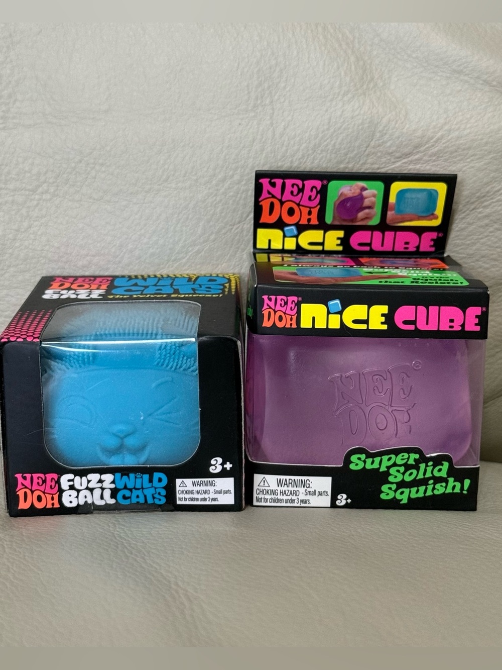 NEW Blue Needoh Wildcat FuzzBall The Velvet Squeeze & Purple Nice Cube Squishy